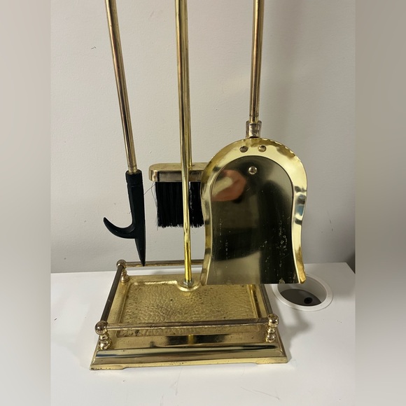 Vintage Elegant Shiny Brass Fireplace Tool Set 3 Piece + Stand - Picture 2 of 9